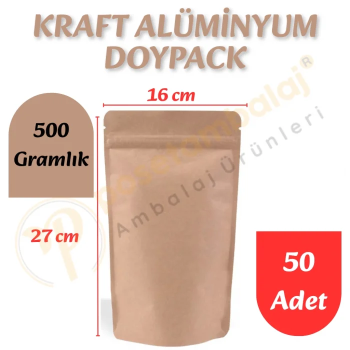 Kraft Alüminyum Doypack 16x27x8 cm (50 Adet)
