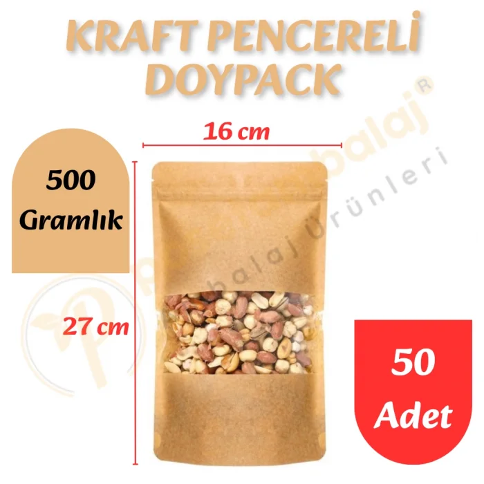 Kraft Pencereli Doypack 16x27x8 cm (50 Adet)