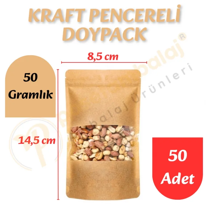 Kraft Pencereli Doypack 8,5x14,5x6 cm (50 Adet)