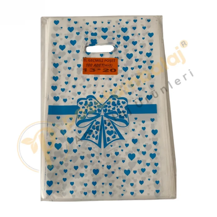 Mavi Fiyonk Kalp Desenli Hediyelik Poşet 13x20 cm