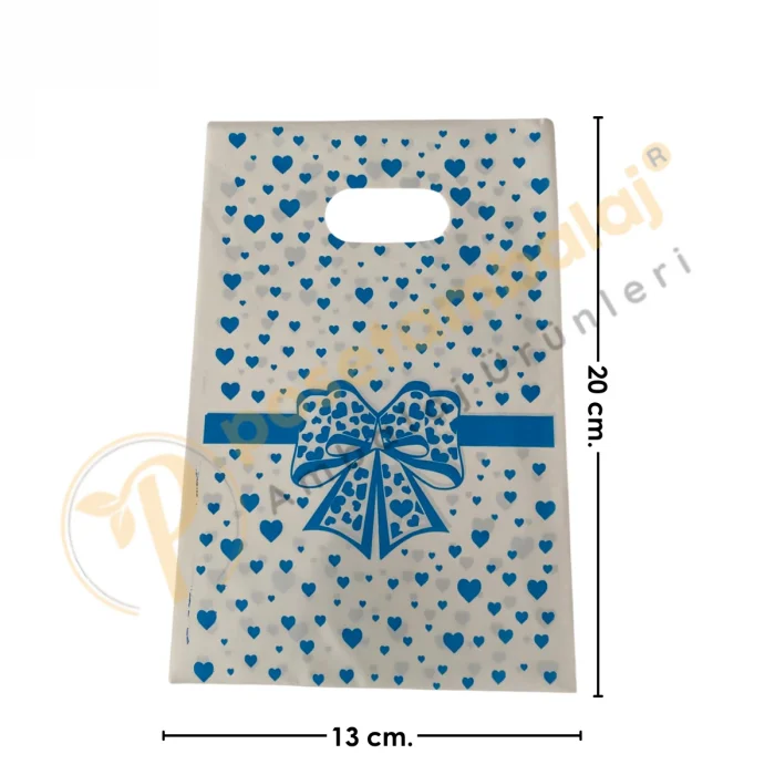 Mavi Fiyonk Kalp Desenli Hediyelik Poşet 13x20 cm