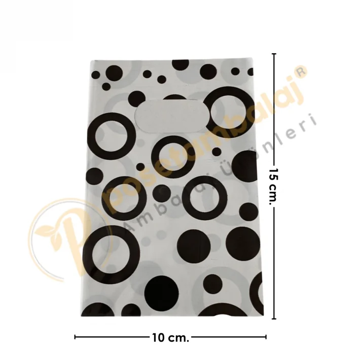 Siyah Yuvarlak Desenli Hediyelik Poşet 10x15 cm