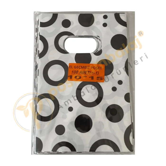 Siyah Yuvarlak Desenli Hediyelik Poşet 10x15 cm