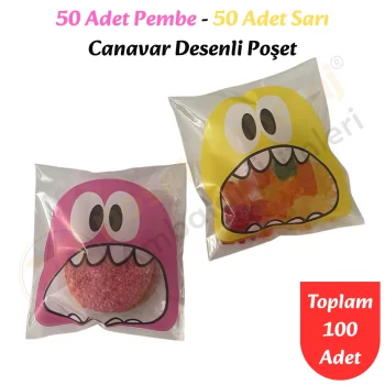 100 Adet Pembe-Sarı Renkli Canavar Desenli Cake Pop & Kurabiye Poşeti-10x15 cm
