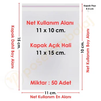 11x10+5 cm.(11x15) 50 Adet Şeffaf Bantlı Yapışkanlı OPP Poşet