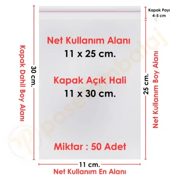 11x25+5 cm.(11x30) 50 Adet Şeffaf Bantlı Yapışkanlı OPP Poşet