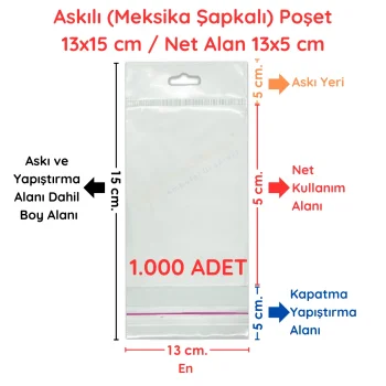 13x15 cm (Kapalı Hali 13x5 cm) 1.000 Adet OPP Askılı Meksika Şapkalı Poşet
