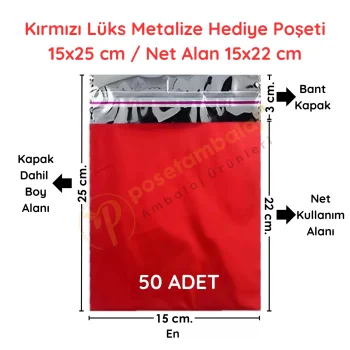 15x25 cm Kırmızı Renk Bantlı Lüks Metalize Hediyelik Poşet (50 Adet)