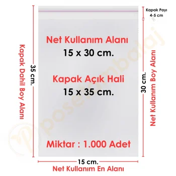 15x30+5 cm.(15x35) 1.000 Adet Şeffaf Bantlı Yapışkanlı OPP Poşet