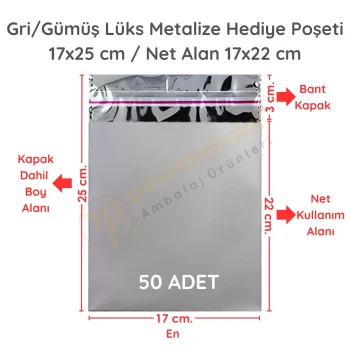 17x25 cm Gümüş Renk Bantlı Lüks Metalize Hediyelik Poşet (50 Adet)
