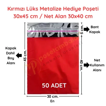 30x45 cm Kırmızı Renk Bantlı Lüks Metalize Hediyelik Poşet (50 Adet)