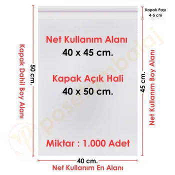 40x45+5 cm.(40x50) 1.000 Adet Şeffaf Bantlı Yapışkanlı Jelatin Poşet