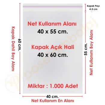 40x55+5 cm.(40x60) 1.000 Adet Şeffaf Bantlı Yapışkanlı Jelatin Poşet