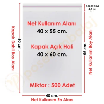 40x55+5 cm.(40x60) 500 Adet Şeffaf Bantlı Yapışkanlı Jelatin Poşet
