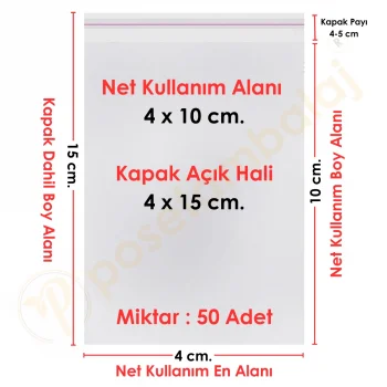 4x10+5 cm.(4x15) 50 Adet Şeffaf Bantlı Yapışkanlı OPP Poşet