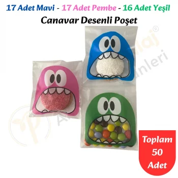 50 Adet Mavi-Pembe-Yeşil Renkli Canavar Desenli Cake Pop & Kurabiye Poşeti-10x15 cm