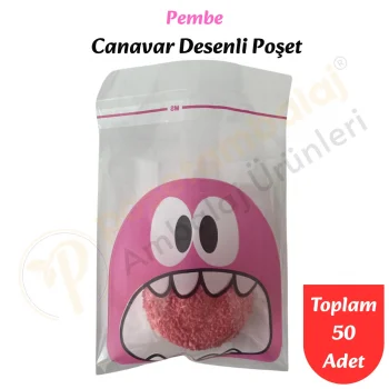 50 Adet Pembe Canavar Desenli Cake Pop & Kurabiye Poşeti-10x15 cm