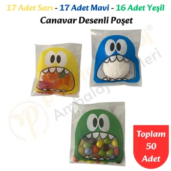 50 Adet Sarı-Mavi-Yeşil Renkli Canavar Desenli Cake Pop & Kurabiye Poşeti-10x15 cm