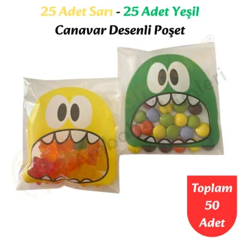 50 Adet Sarı-Yeşil Renkli Canavar Desenli Cake Pop & Kurabiye Poşeti-10x15 cm