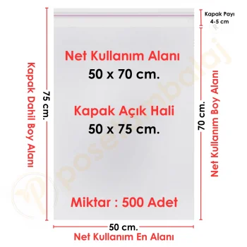 50x70+5 cm.(50x75) 500 Adet Şeffaf Bantlı Yapışkanlı Jelatin Poşet
