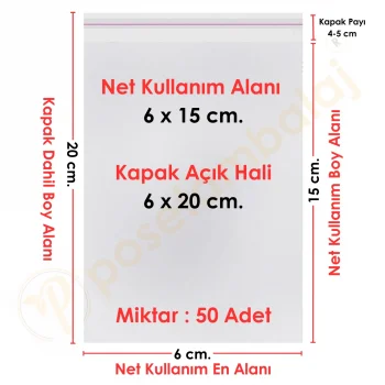 6x15+5 cm.(6x20) 50 Adet Şeffaf Bantlı Yapışkanlı OPP Poşet