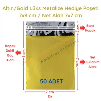 7x9 cm Altın Renk Bantlı Lüks Metalize Hediyelik Poşet (50 Adet)