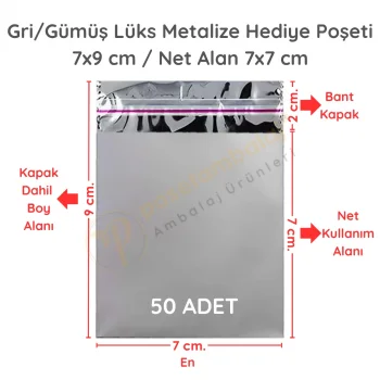 7x9 cm Gümüş Renk Bantlı Lüks Metalize Hediyelik Poşet (50 Adet)
