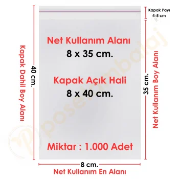 8x35+5 cm.(8x40) 1.000 Adet Şeffaf Bantlı Yapışkanlı OPP Poşet