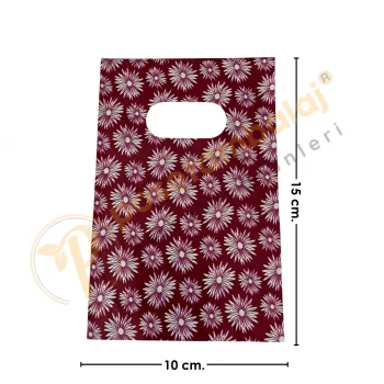 Bordo Çiçek Desenli Takı Poşeti 10x15 cm | Hediyelik Poşet