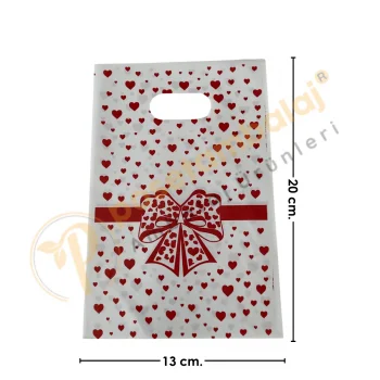 Kırmızı Fiyonk & Kalp Desenli Hediyelik Poşet 13x20 cm