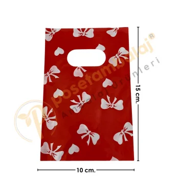 Kırmızı Kurdela Desenli Hediyelik Poşet 10x15 cm