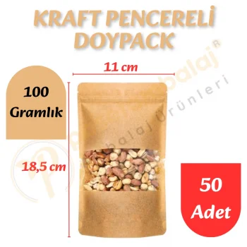 Kraft Pencereli Doypack 11x18,5x7 cm (50 Adet)