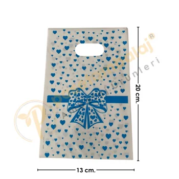 Mavi Fiyonk Kalp Desenli Hediyelik Poşet 13x20 cm