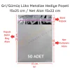 15x25 cm Gümüş Renk Bantlı Lüks Metalize Hediyelik Poşet (50 Adet)