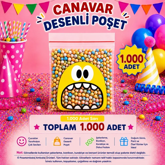 1.000 Adet Sarı Canavar Desenli Cake Pop & Kurabiye Poşeti-10x15 cm
