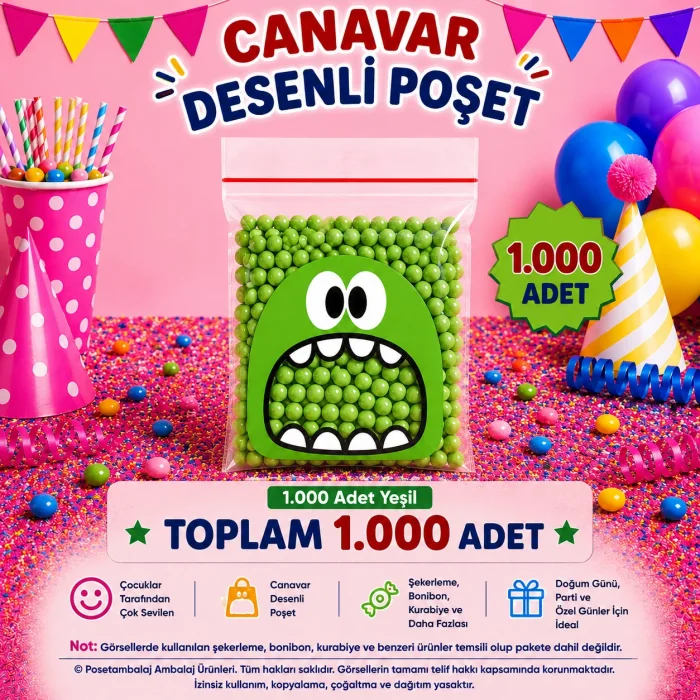 1.000 Adet Yeşil Canavar Desenli Cake Pop & Kurabiye Poşeti-10x15 cm