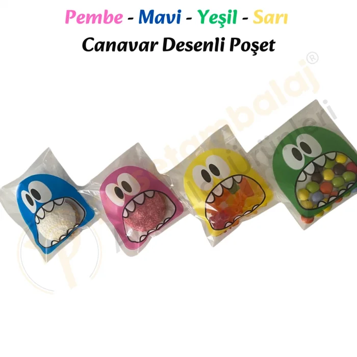 100 Adet 4 Renkli Canavar Desenli Cake Pop & Kurabiye Poşeti - 10x15 cm