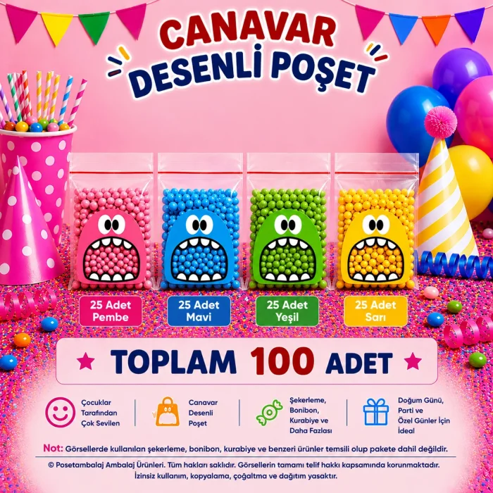 100 Adet 4 Renkli Canavar Desenli Cake Pop & Kurabiye Poşeti - 10x15 cm