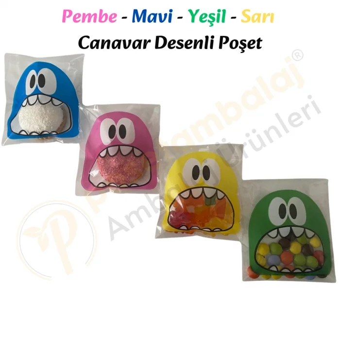 100 Adet 4 Renkli Canavar Desenli Cake Pop & Kurabiye Poşeti - 10x15 cm