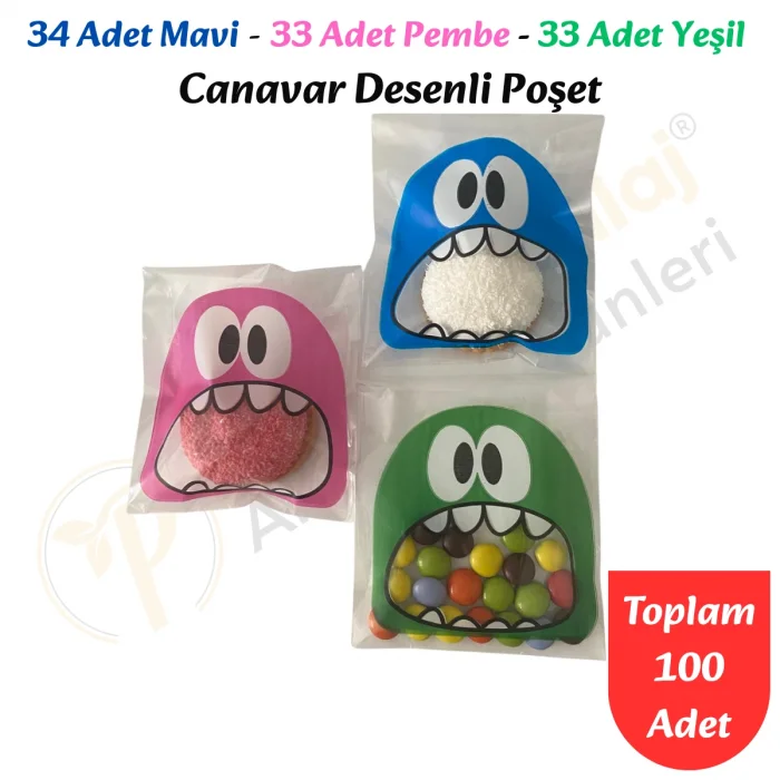 100 Adet Mavi-Pembe-Yeşil Renkli Canavar Desenli Cake Pop & Kurabiye Poşeti-10x15 cm