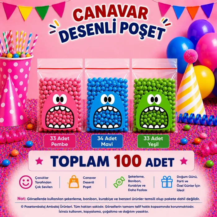 100 Adet Mavi-Pembe-Yeşil Renkli Canavar Desenli Cake Pop & Kurabiye Poşeti-10x15 cm