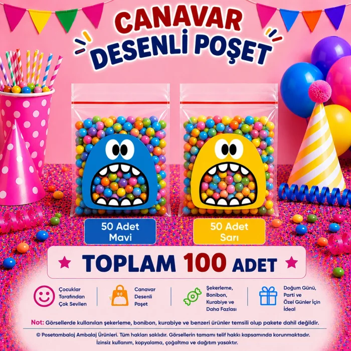 100 Adet Mavi-Sarı Renkli Canavar Desenli Cake Pop & Kurabiye Poşeti-10x15 cm