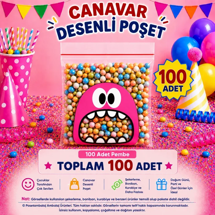 100 Adet Pembe Canavar Desenli Cake Pop & Kurabiye Poşeti-10x15 cm