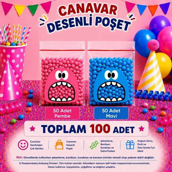 100 Adet Pembe-Mavi Renkli Canavar Desenli Cake Pop & Kurabiye Poşeti-10x15 cm