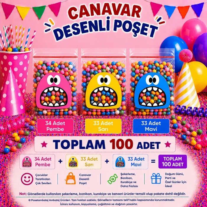 100 Adet Pembe-Sarı-Mavi Renkli Canavar Desenli Cake Pop & Kurabiye Poşeti-10x15 cm