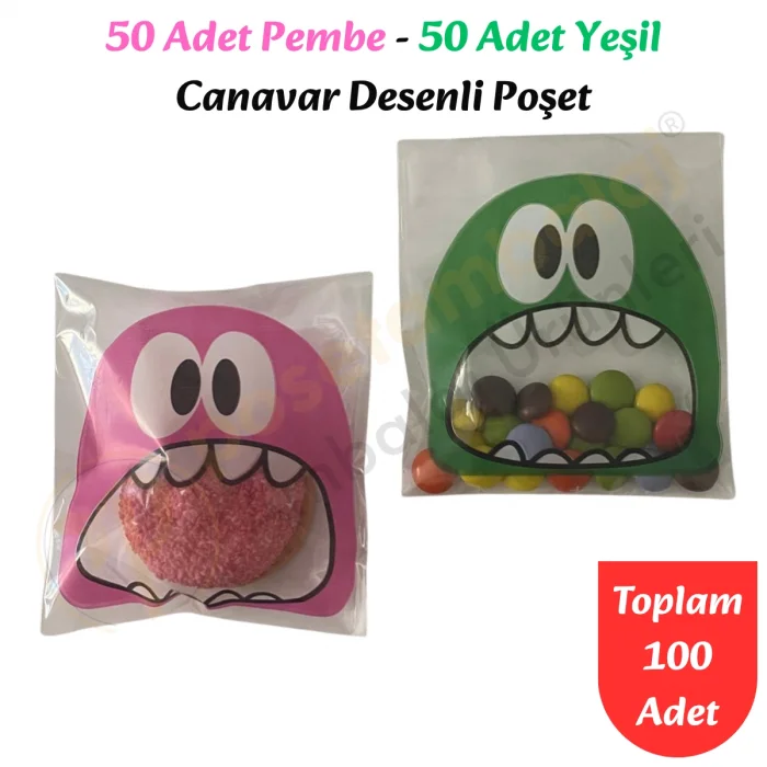 100 Adet Pembe-Yeşil Renkli Canavar Desenli Cake Pop & Kurabiye Poşeti-10x15 cm