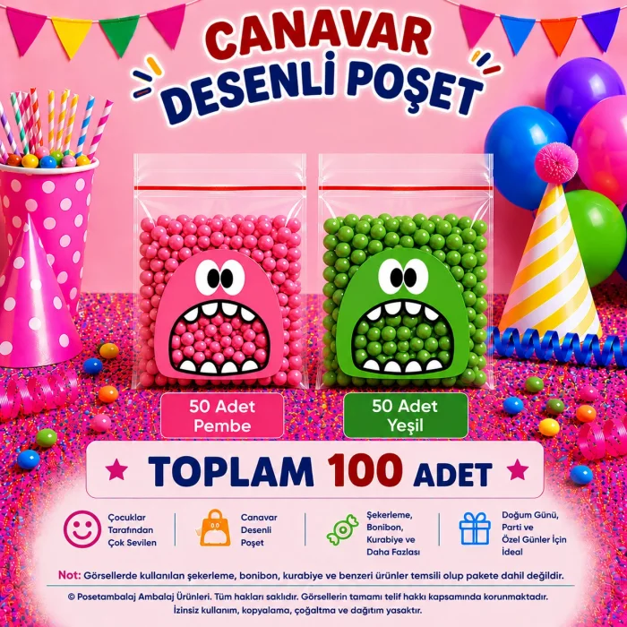100 Adet Pembe-Yeşil Renkli Canavar Desenli Cake Pop & Kurabiye Poşeti-10x15 cm