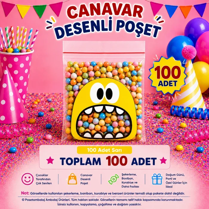 100 Adet Sarı Canavar Desenli Cake Pop & Kurabiye Poşeti-10x15 cm