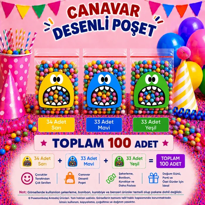 100 Adet Sarı-Mavi-Yeşil Renkli Canavar Desenli Cake Pop & Kurabiye Poşeti-10x15 cm