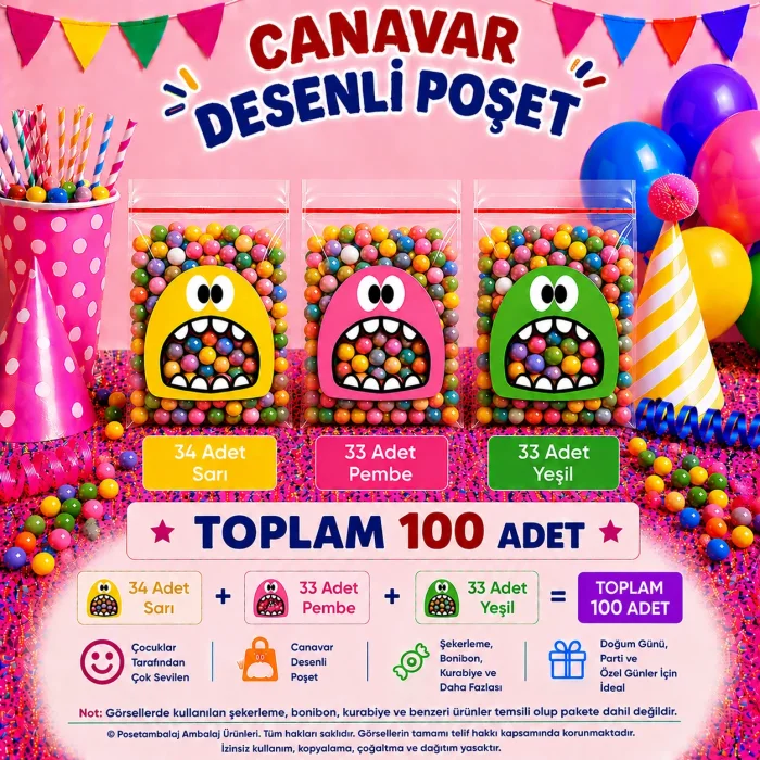 100 Adet Sarı-Pembe-Yeşil Renkli Canavar Desenli Cake Pop & Kurabiye Poşeti-10x15 cm